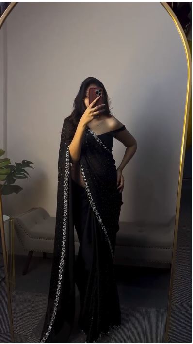 Swarovski Diamond Work Black Color Delightful Saree