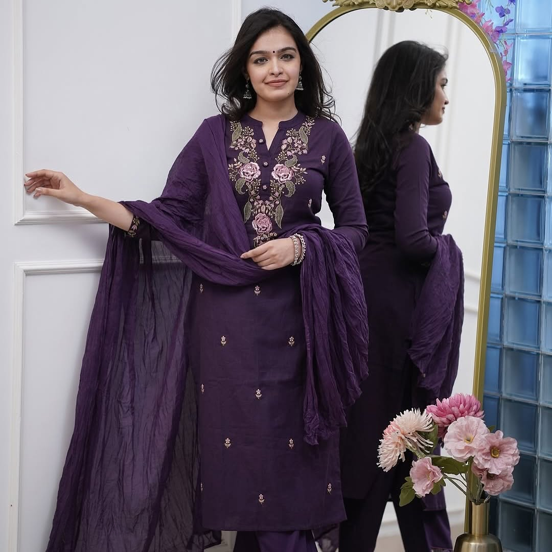 Fabulous Purple Color Rayon With Embroidery Work Beautiful Kurta Set