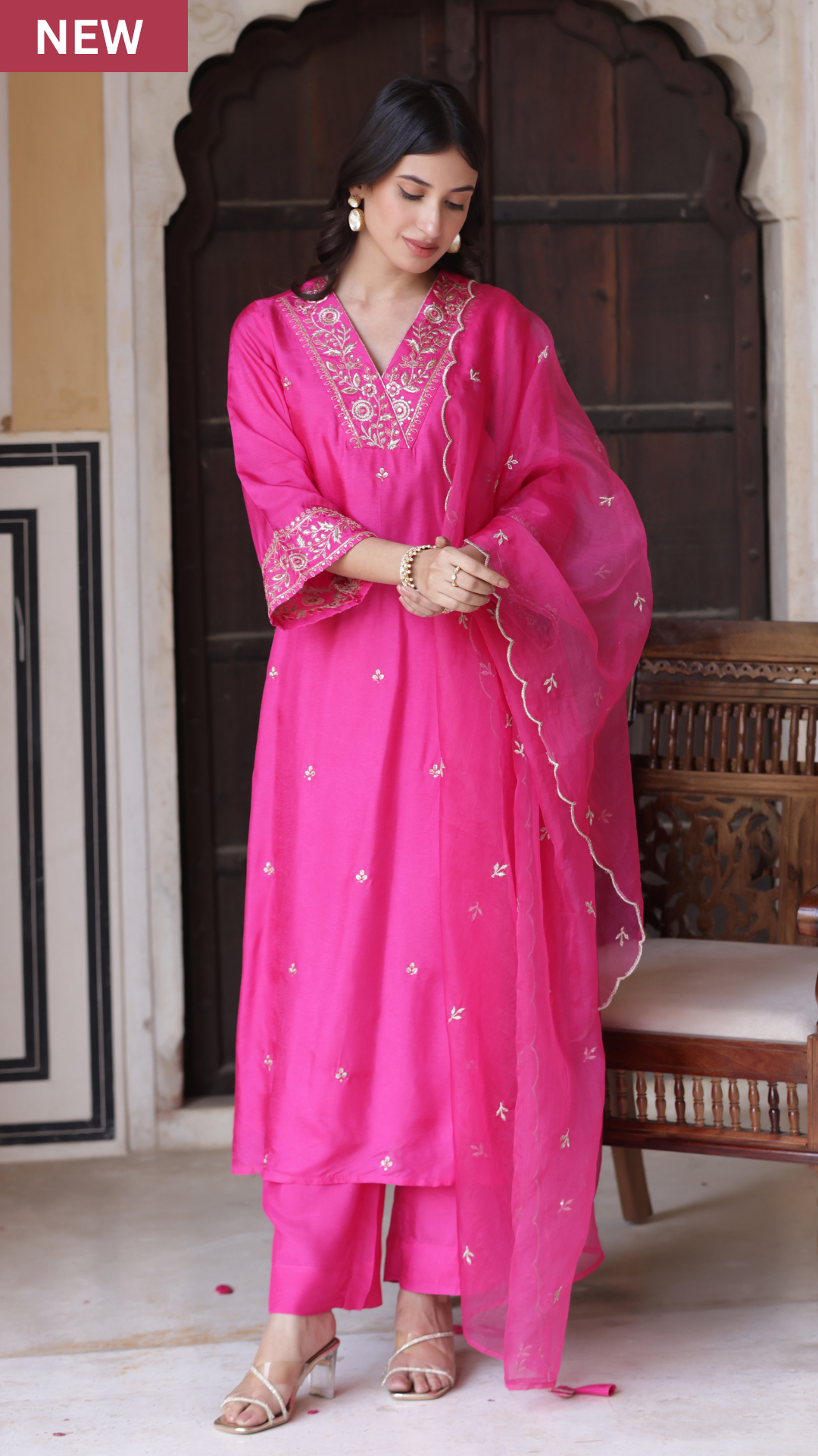 Mesmerizing Pink Color Chanderi Viscose With Embroidery Work Beautiful Kurta Set
