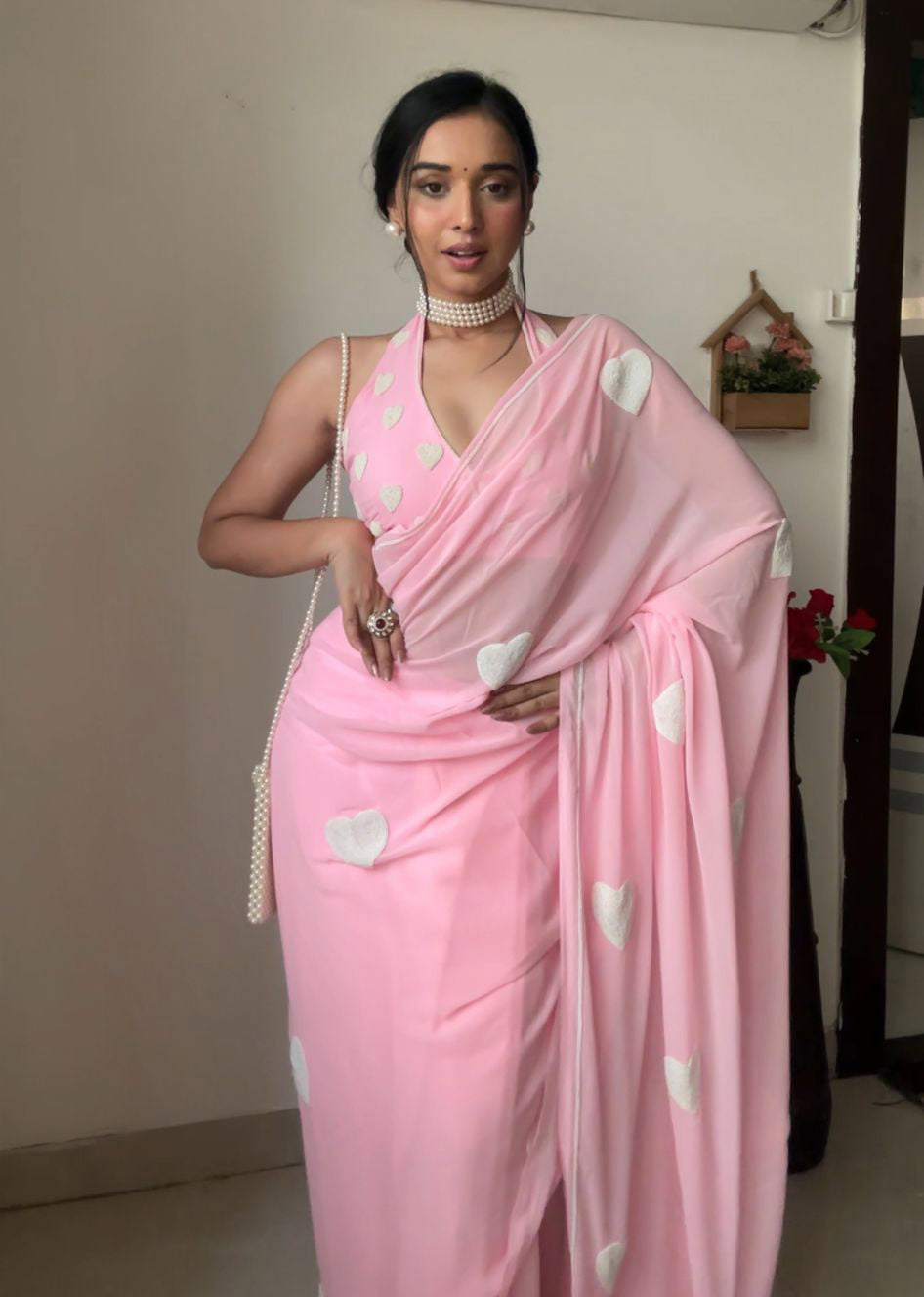 Ready To Wear Light Pink Heart Shape Thread Work Saree