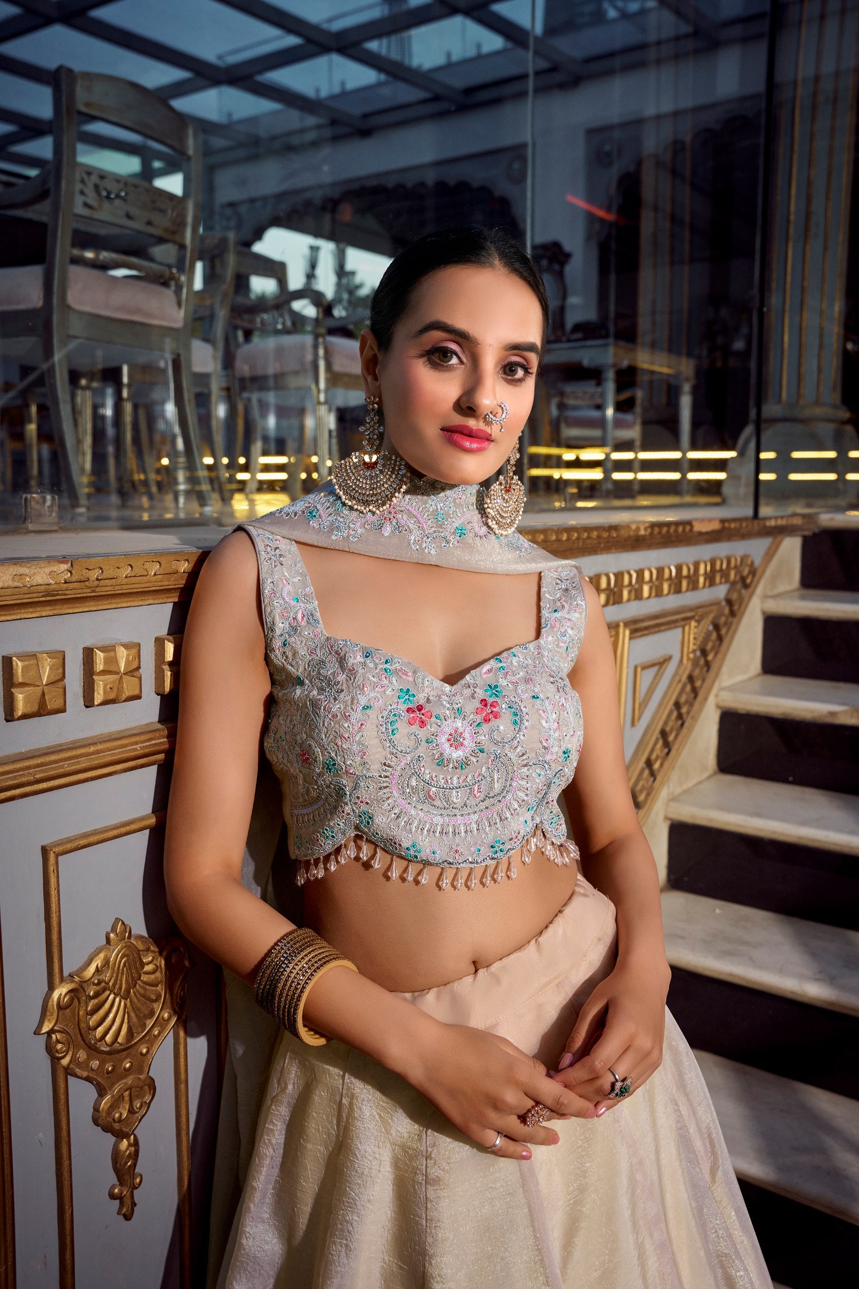 Luxuriant Cream Color Gold Crush Lehenga With Sequins And Thread Embroidery With Jarkan Diamond Work Blouse