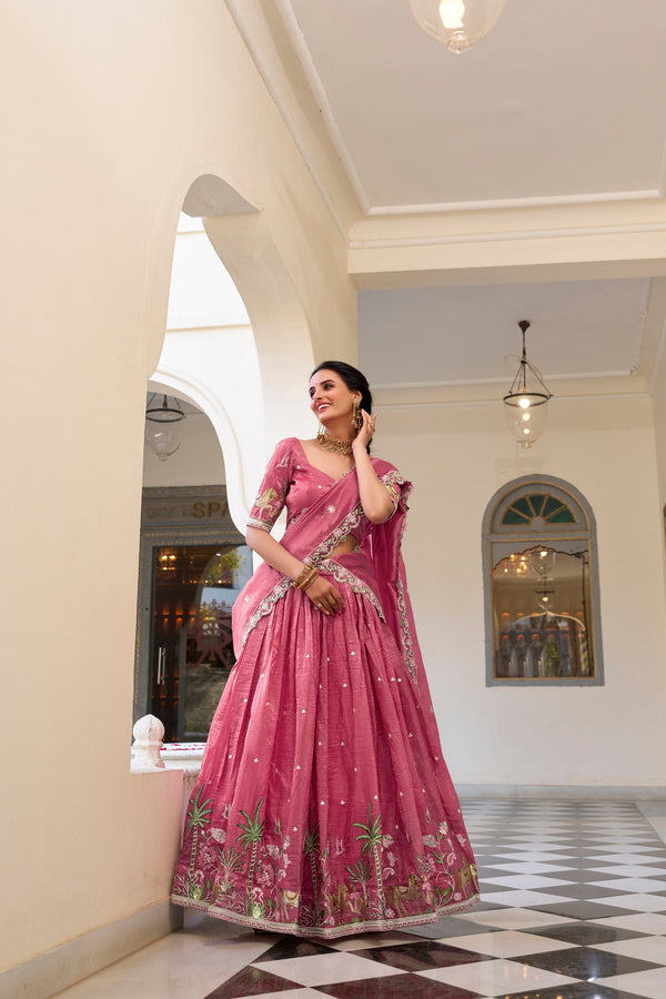 Fabulous Pink Color Gold Crush With Sequins And Thread Embroidery Work Lehenga Choli