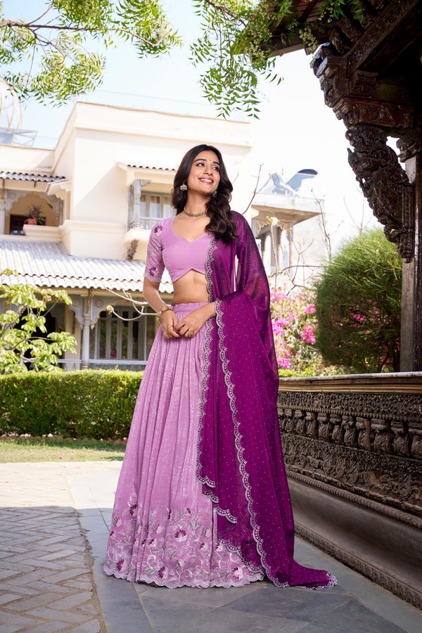 Elegant Lavender Color Silver Glosy Sequins And Thread Embroidery Work With Hotfix Designer Lehenga Choli