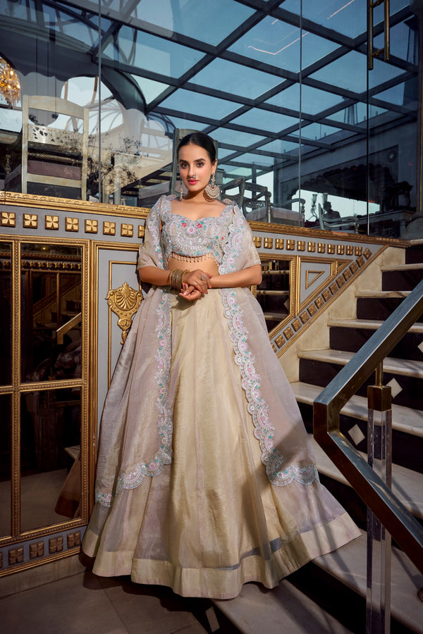 Luxuriant Cream Color Gold Crush Lehenga With Sequins And Thread Embroidery With Jarkan Diamond Work Blouse
