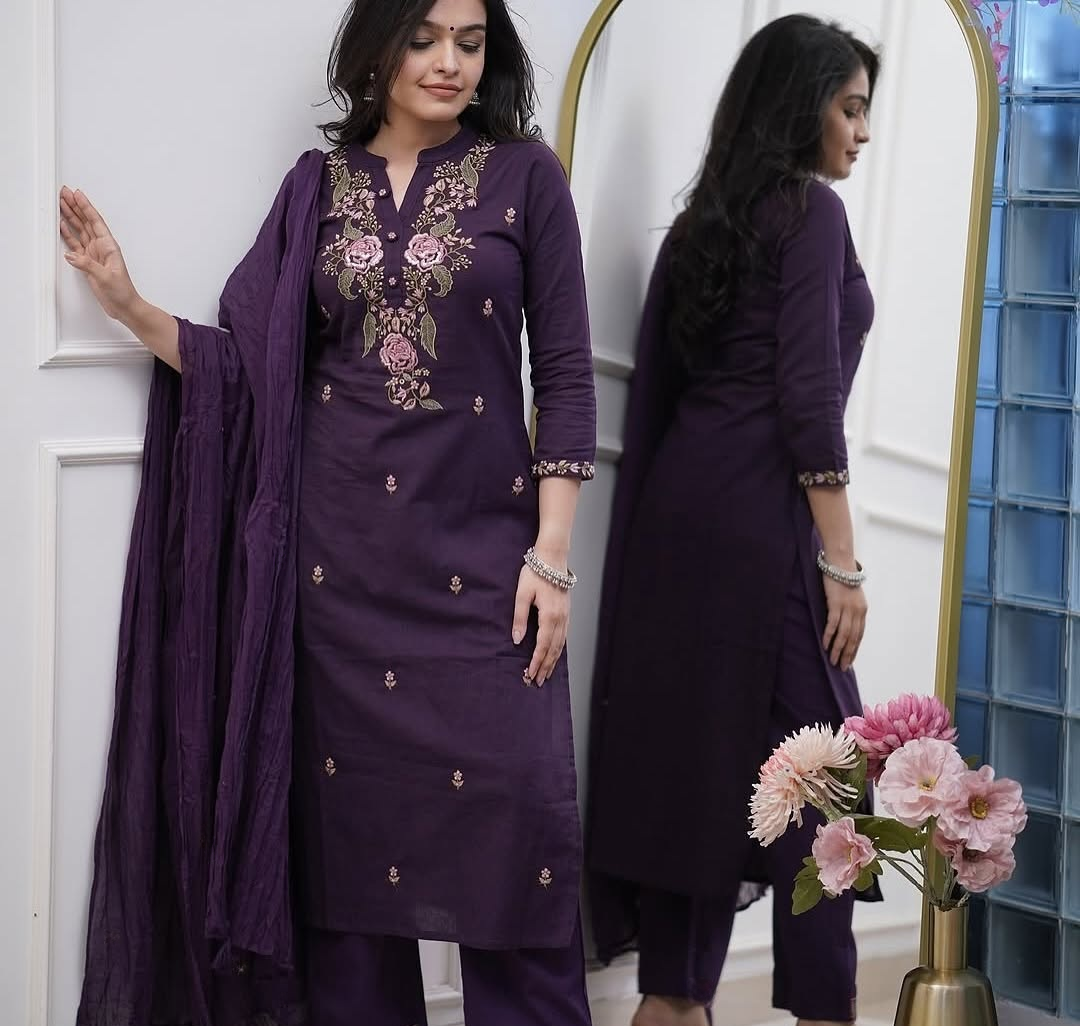 Fabulous Purple Color Rayon With Embroidery Work Beautiful Kurta Set