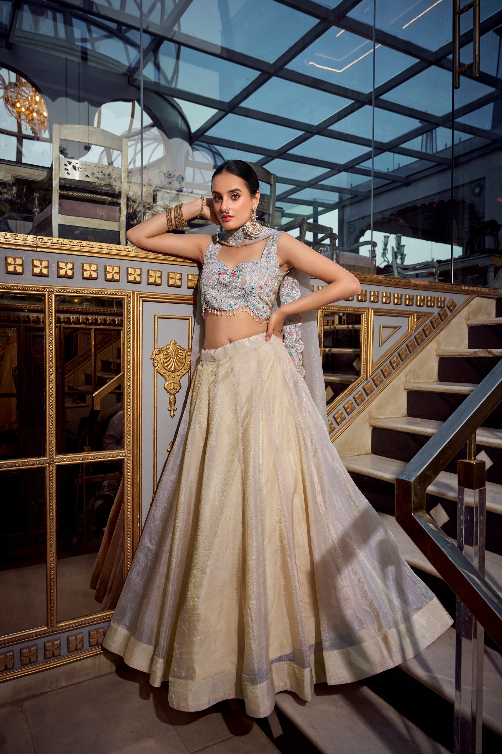 Luxuriant Cream Color Gold Crush Lehenga With Sequins And Thread Embroidery With Jarkan Diamond Work Blouse