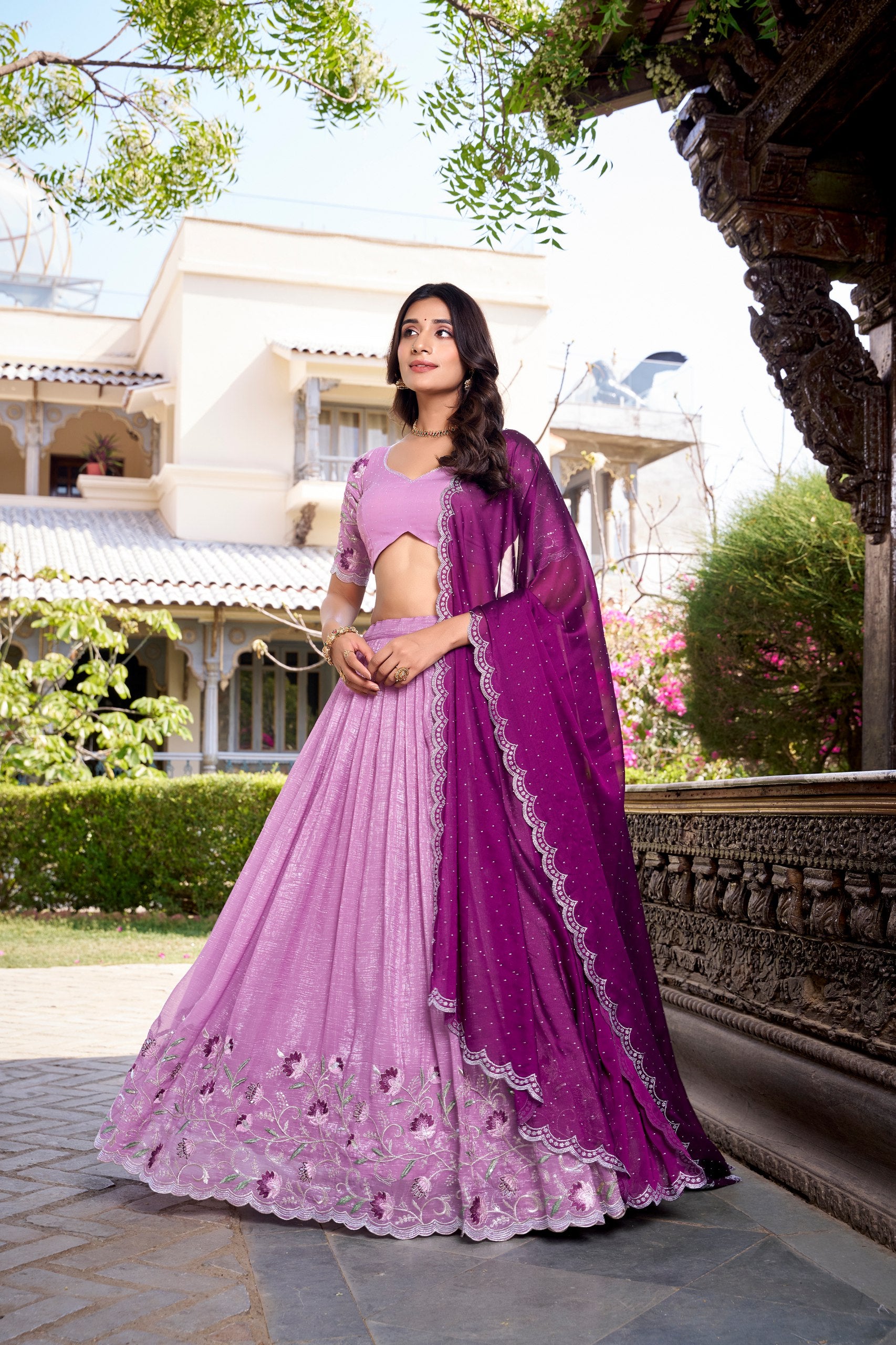 Elegant Lavender Color Silver Glosy Sequins And Thread Embroidery Work With Hotfix Designer Lehenga Choli