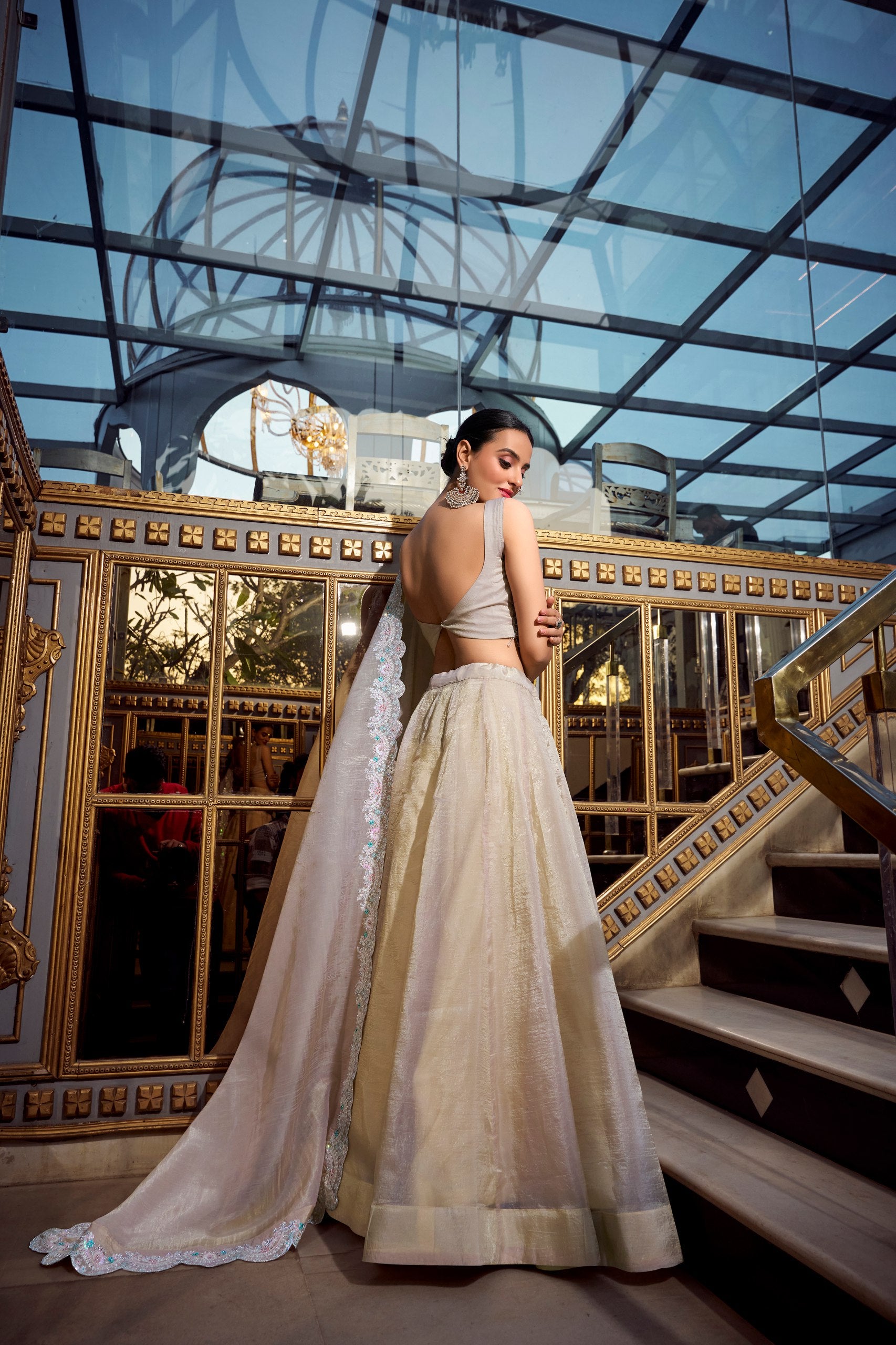 Luxuriant Cream Color Gold Crush Lehenga With Sequins And Thread Embroidery With Jarkan Diamond Work Blouse