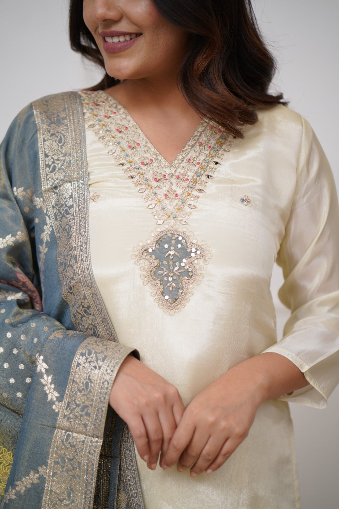 Wedding Wear Off White Color Embroidered Work With Chanderi Silk Beautiful Kurta Set