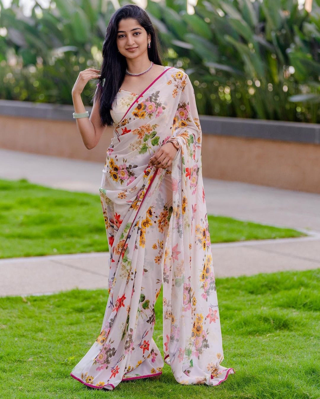 White Color Flower Printed Festive Wear Saree