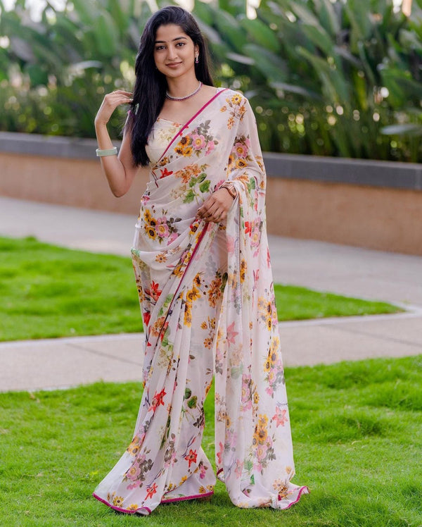 White Color Flower Printed Festive Wear Saree