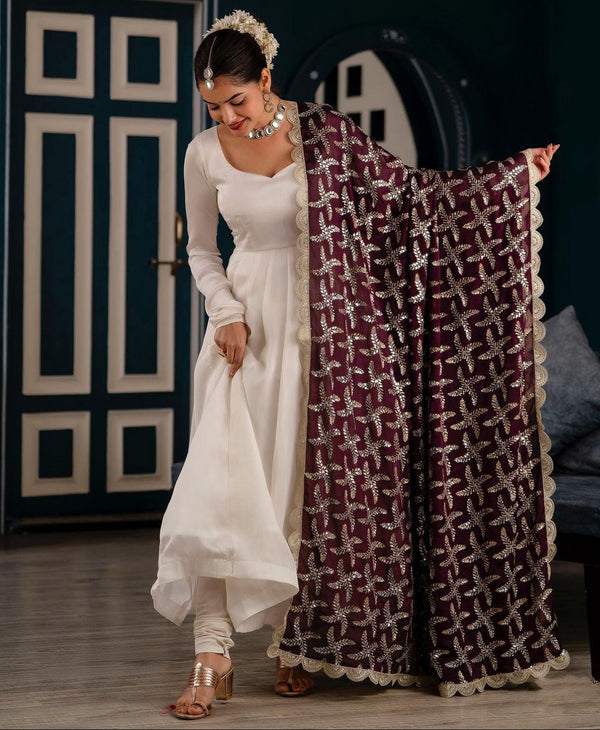 Plain White Color Gown With Heavy Embroidery Work Dupatta