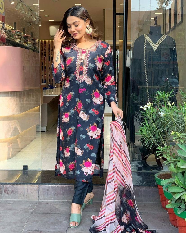 Precious Black Color Viscose Silk With Embroidery Work Beautiful Kurta Set