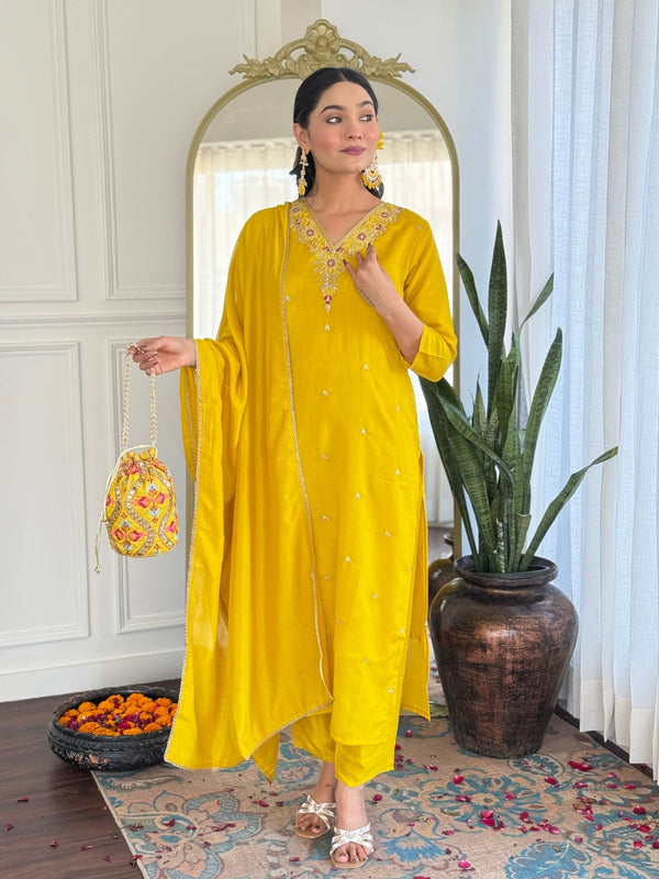 Festive Wear Yellow Color Vichitra With Embroidery Work 3 Piece Kurta Set
