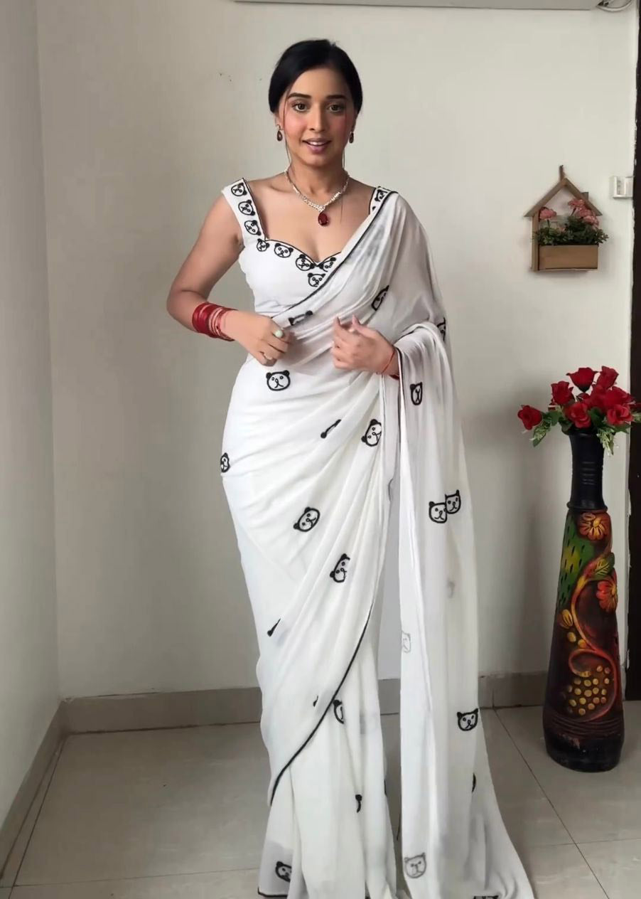 White Color Panda Design Ready To Wear Saree