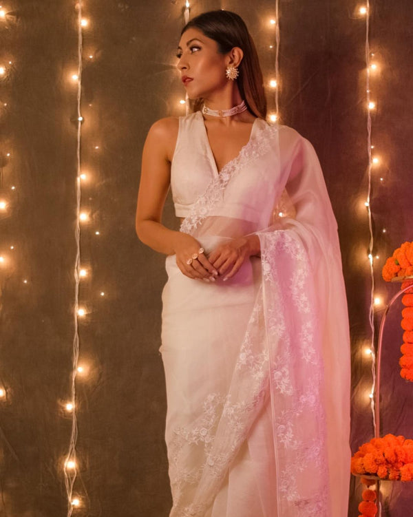 Marvelous White Color Organza Silk Saree