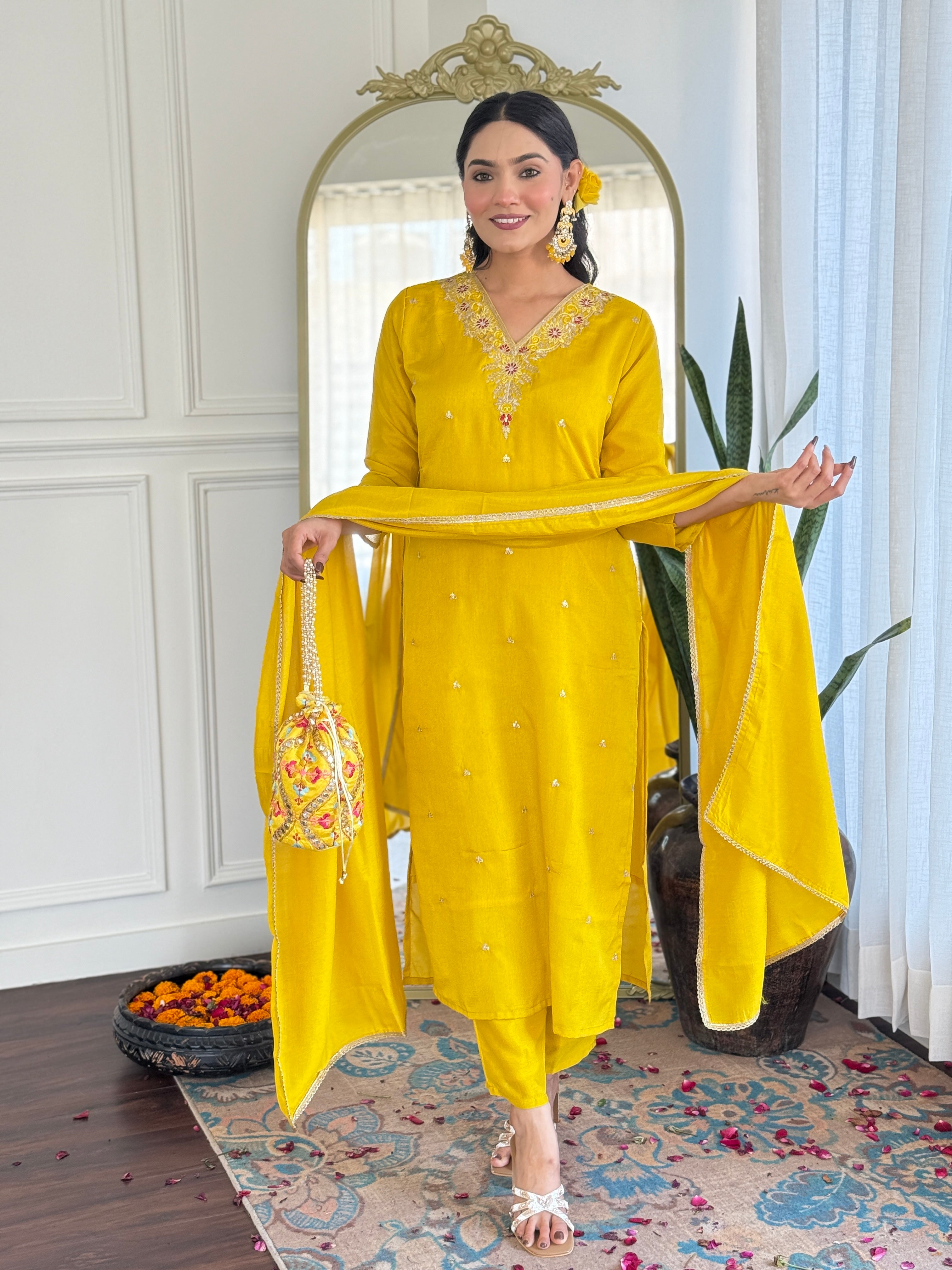 Festive Wear Yellow Color Vichitra With Embroidery Work 3 Piece Kurta Set