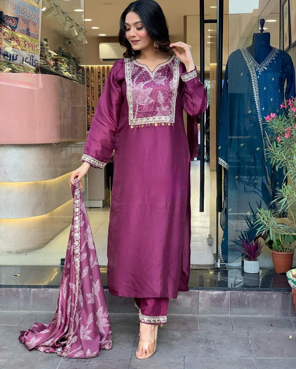 Casual Wear Wine Color Chanderi Viscose With Embroidery Work Kurta Set