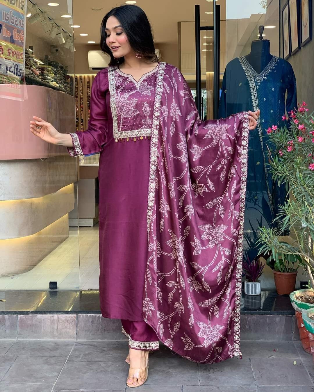 Casual Wear Wine Color Chanderi Viscose With Embroidery Work Kurta Set