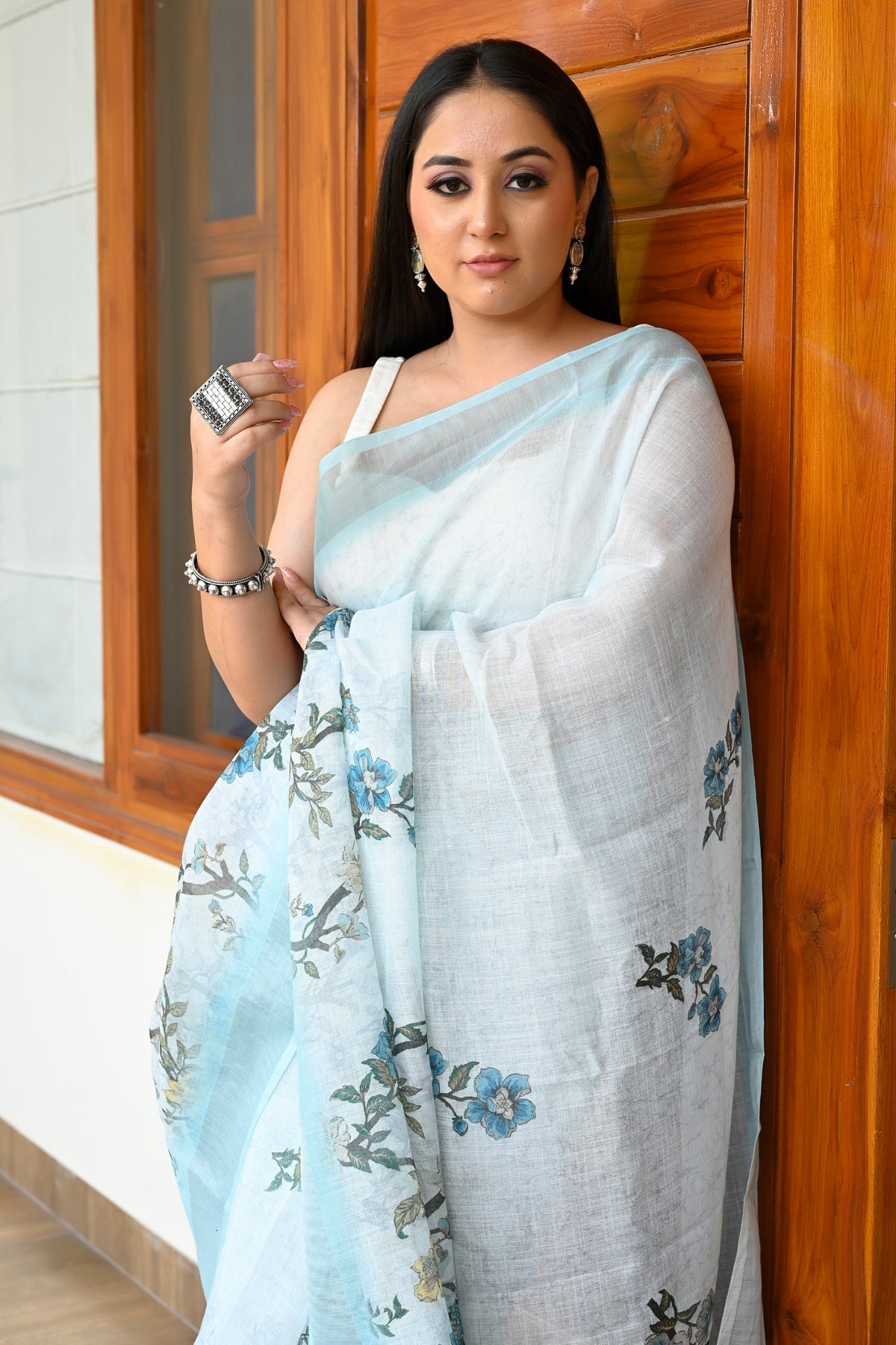 Gorgeous Sky Blue Color Pure Cotton Lilen With Digital Printed Designer Saree