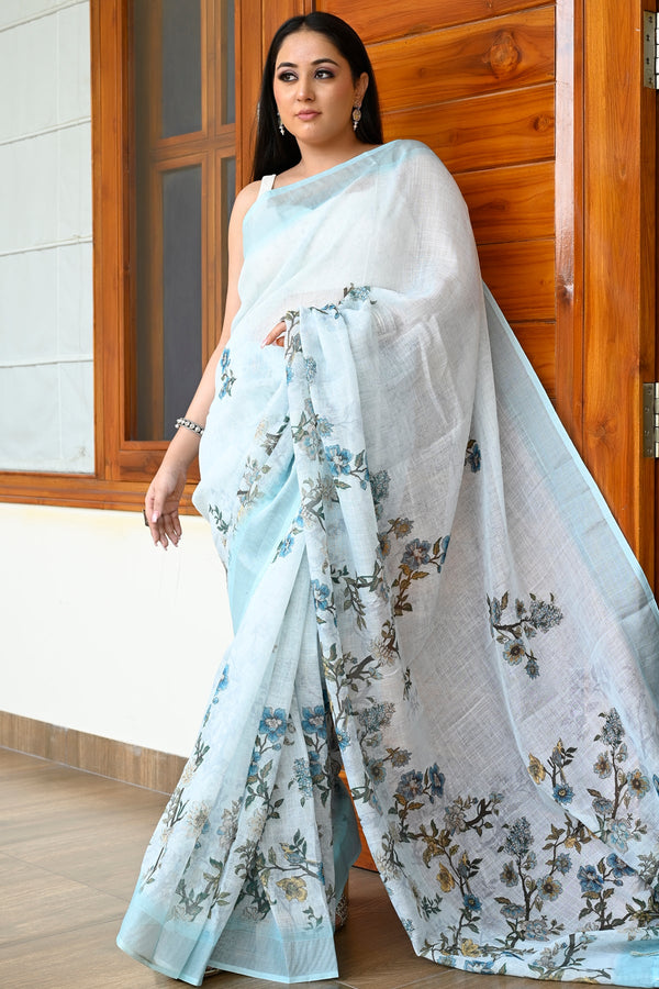 Gorgeous Sky Blue Color Pure Cotton Lilen With Digital Printed Designer Saree