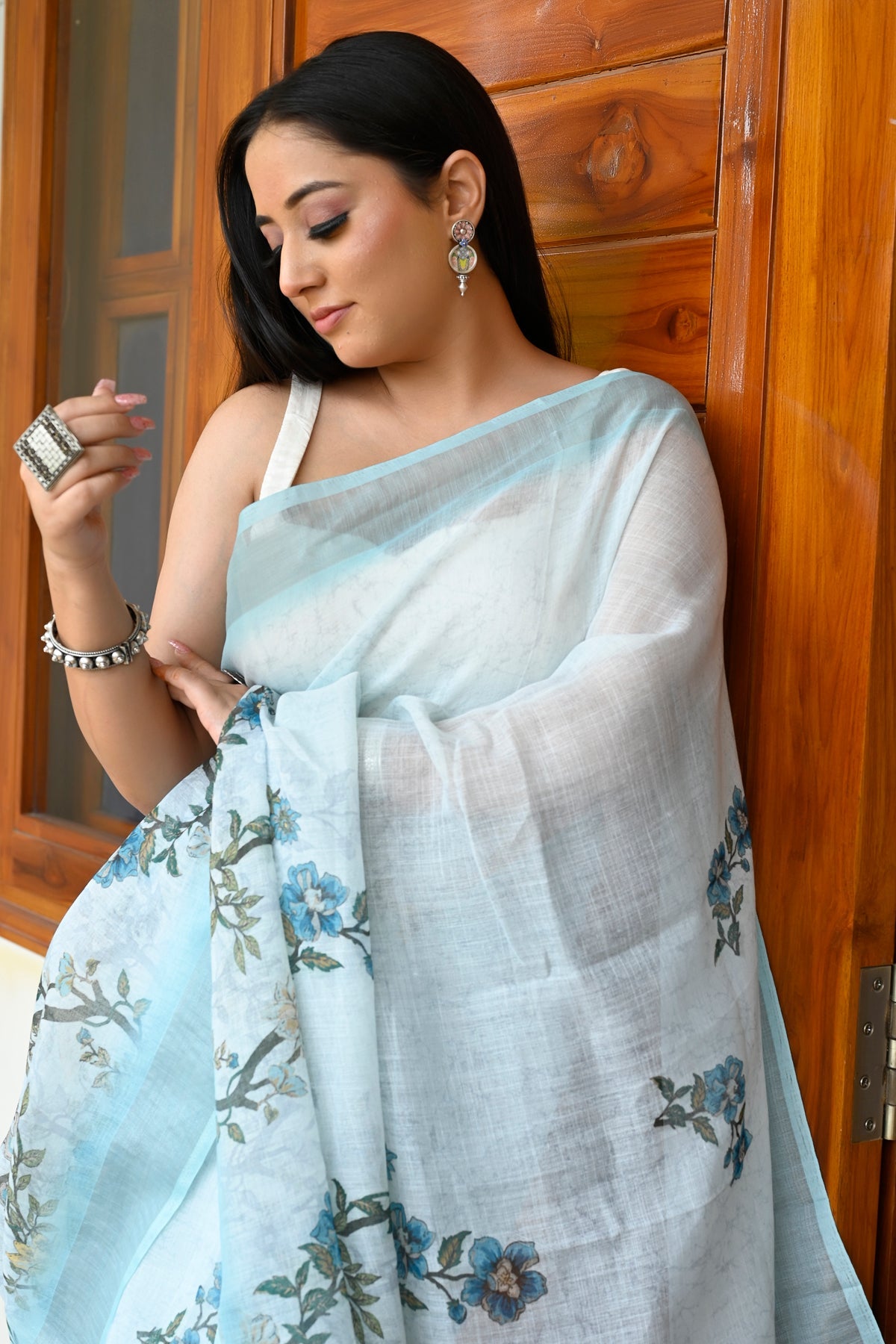 Gorgeous Sky Blue Color Pure Cotton Lilen With Digital Printed Designer Saree