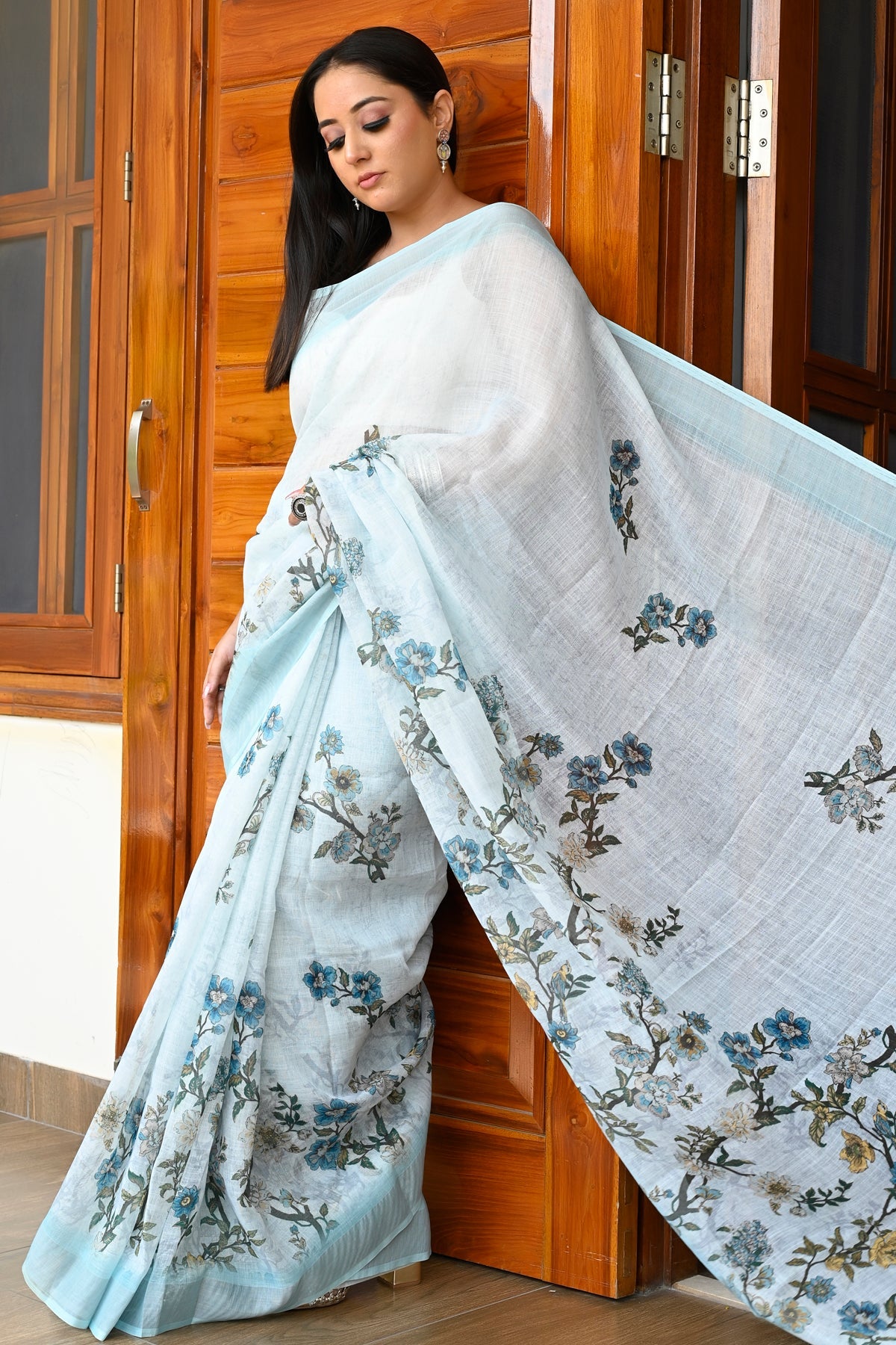 Gorgeous Sky Blue Color Pure Cotton Lilen With Digital Printed Designer Saree