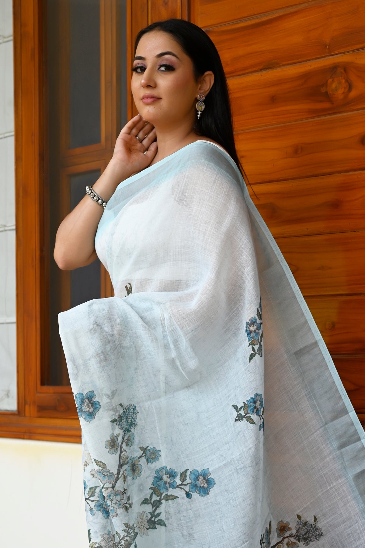 Gorgeous Sky Blue Color Pure Cotton Lilen With Digital Printed Designer Saree