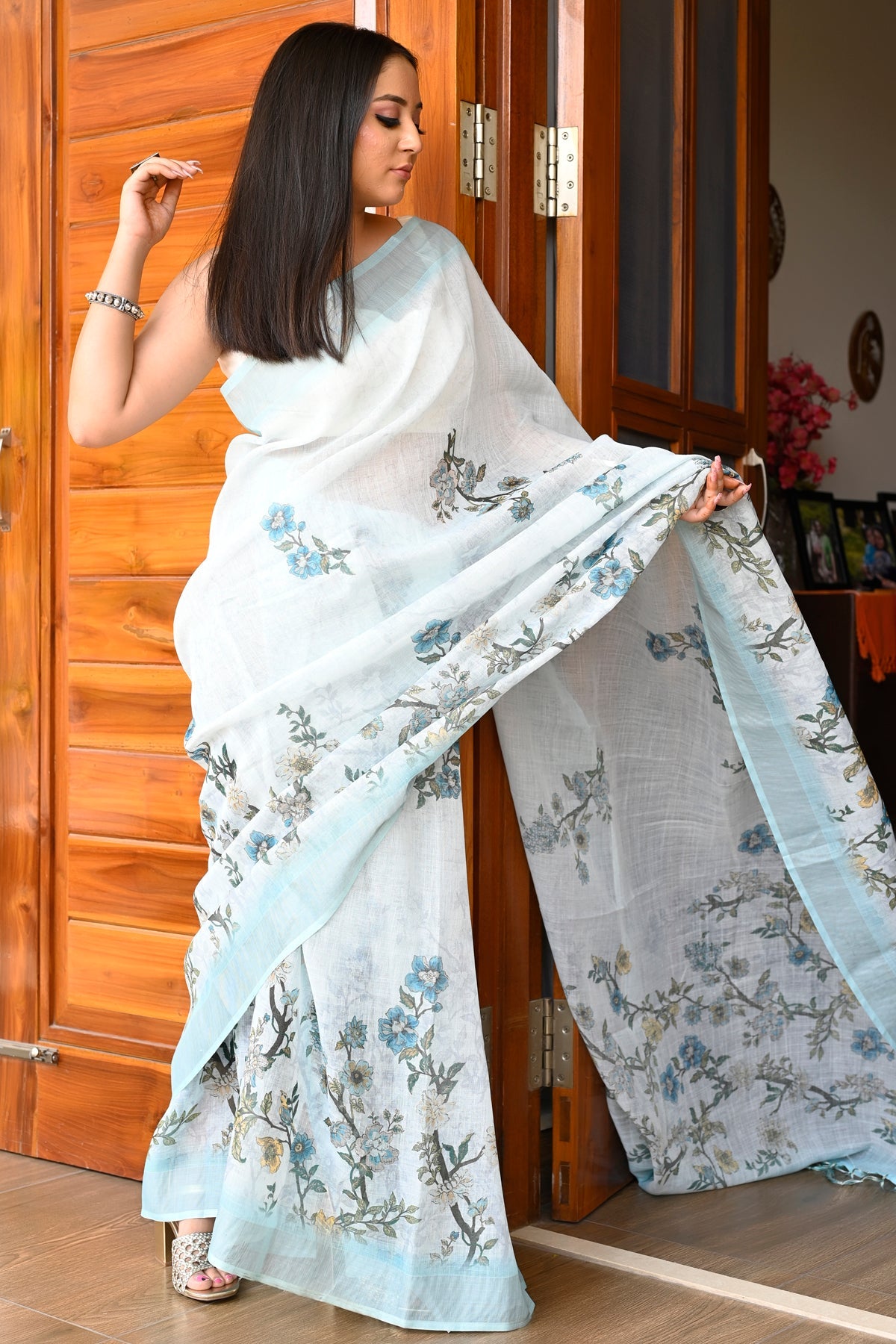 Gorgeous Sky Blue Color Pure Cotton Lilen With Digital Printed Designer Saree