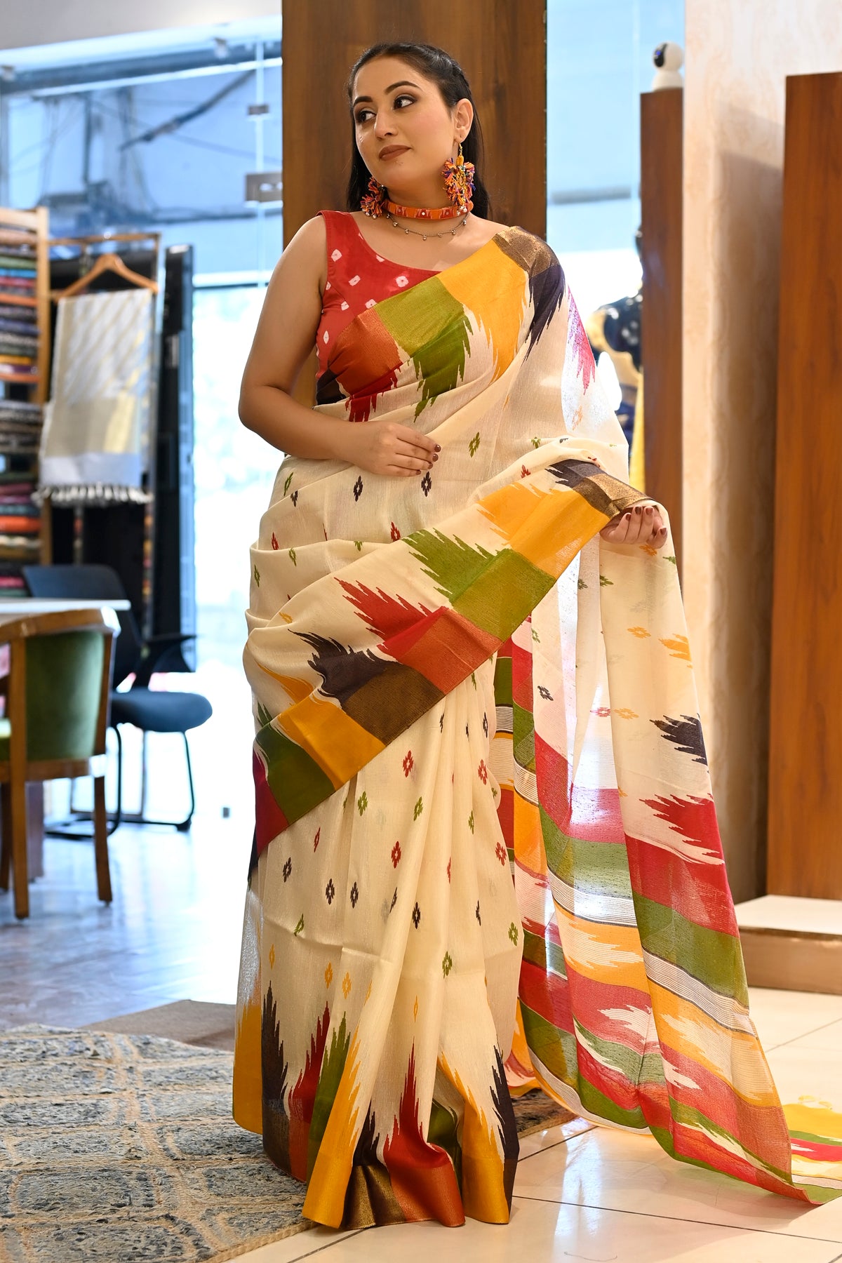 Stylish Beige Color Pure Cotton Lilen With Digital Printed Designer Saree