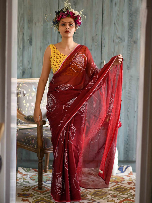 Classic Maroon Color Pure Cotton Lilen With Digital Printed Designer Saree