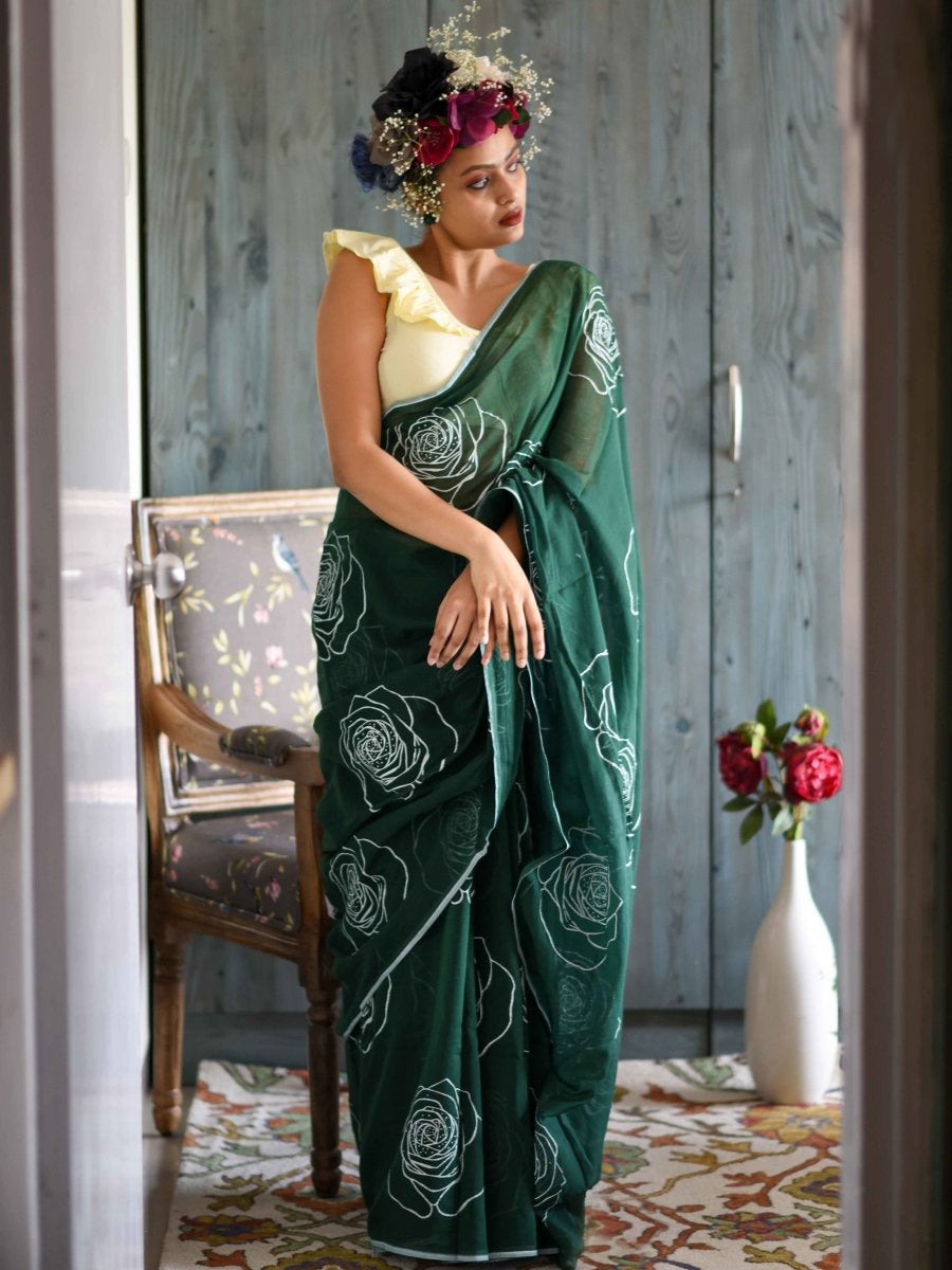 Classic Green Color Pure Cotton Lilen With Digital Printed Designer Saree