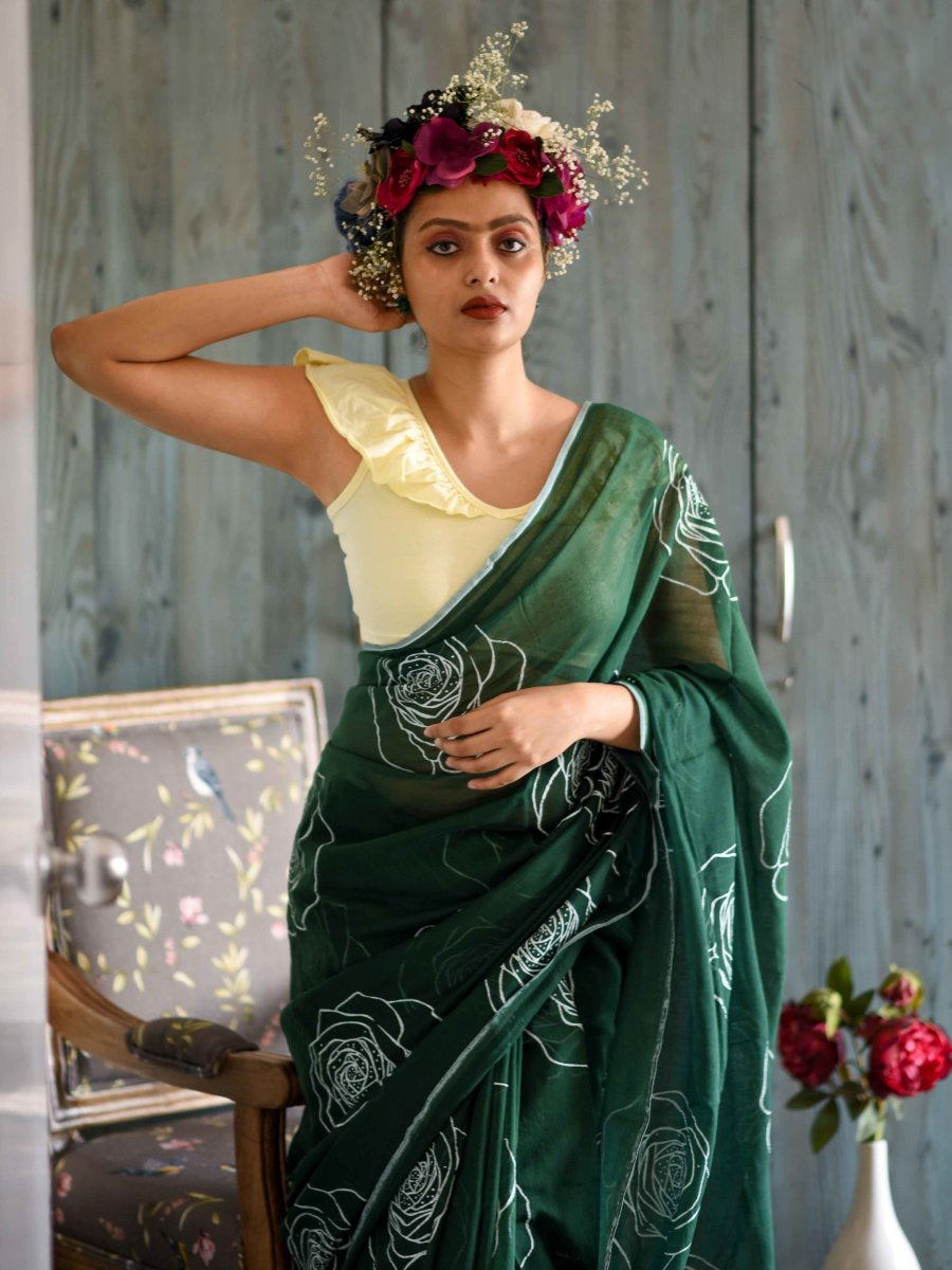 Classic Green Color Pure Cotton Lilen With Digital Printed Designer Saree