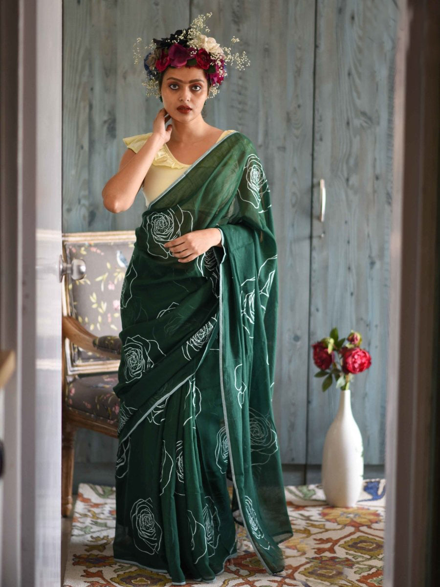 Classic Green Color Pure Cotton Lilen With Digital Printed Designer Saree