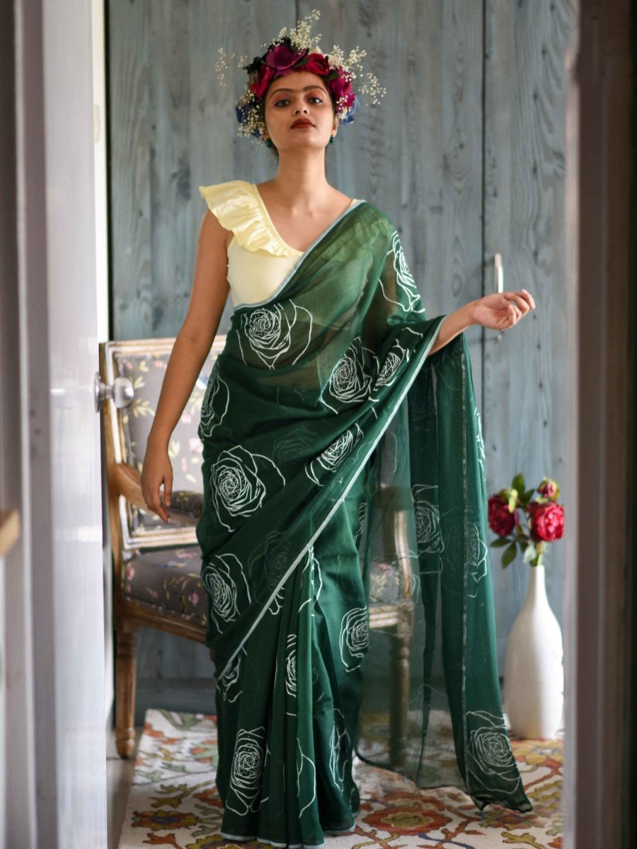 Classic Green Color Pure Cotton Lilen With Digital Printed Designer Saree