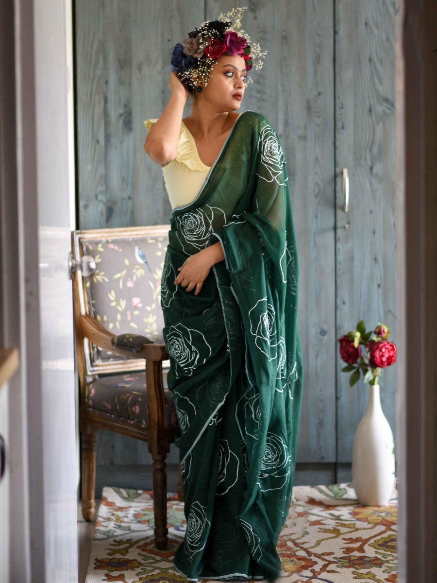 Classic Green Color Pure Cotton Lilen With Digital Printed Designer Saree