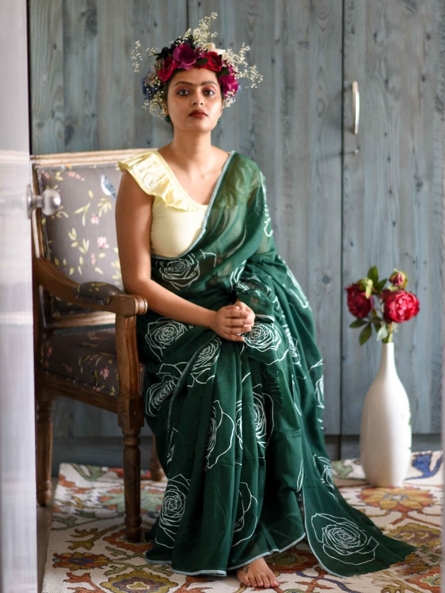 Classic Green Color Pure Cotton Lilen With Digital Printed Designer Saree