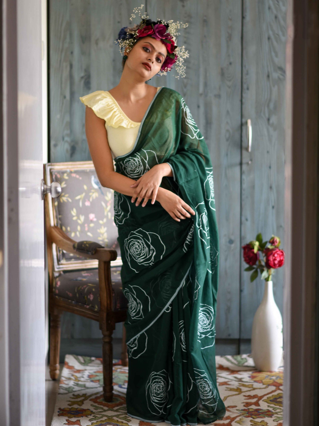 Classic Green Color Pure Cotton Lilen With Digital Printed Designer Saree