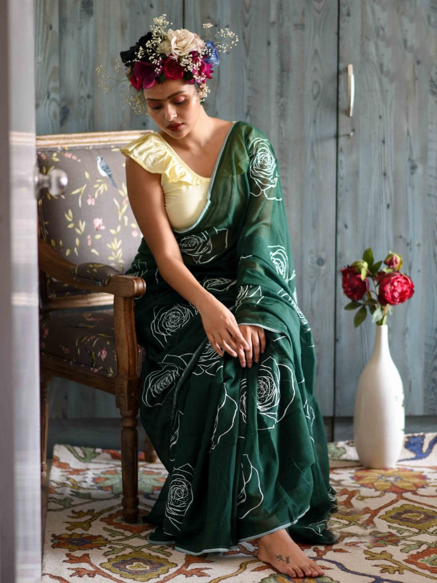 Classic Green Color Pure Cotton Lilen With Digital Printed Designer Saree