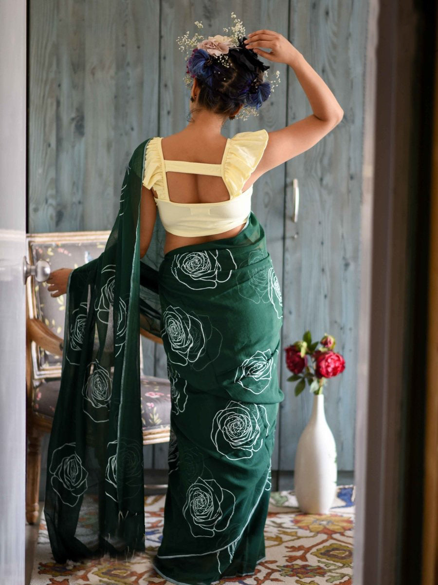 Classic Green Color Pure Cotton Lilen With Digital Printed Designer Saree