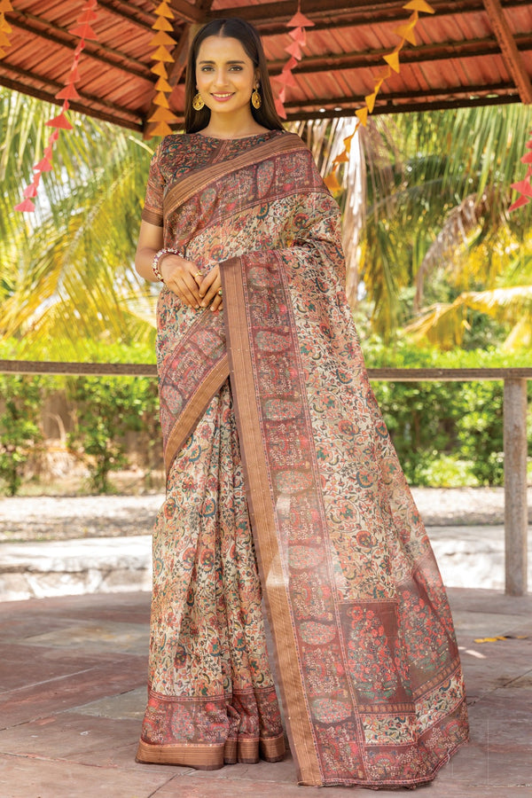 Demanding Brown Color Pure Cotton Lilen With Digital Printed Designer Saree