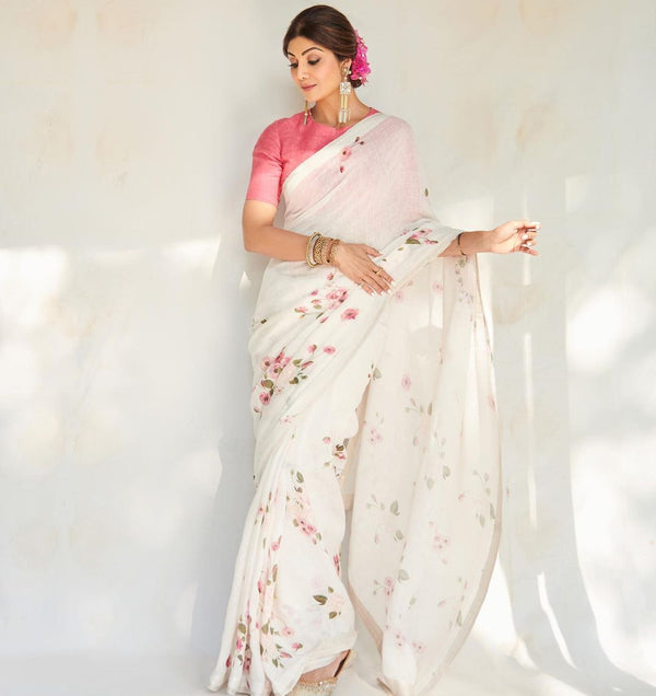 Outstanding White Color Pure Cotton Lilen With Digital Printed Designer Saree