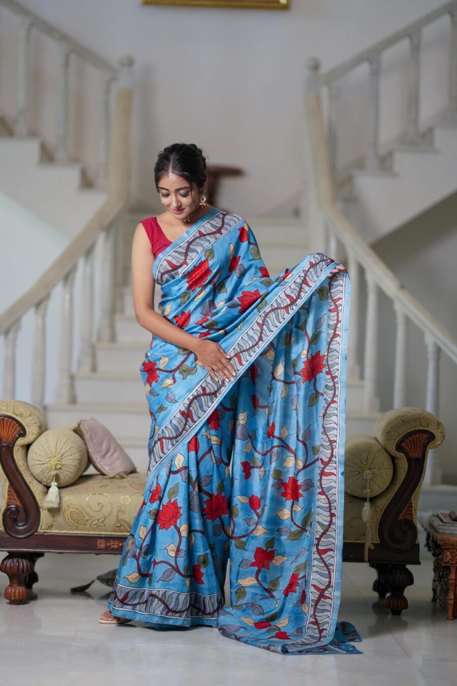 Delightful Sky Blue Color Color Pure Cotton Lilen With Digital Printed Designer Saree