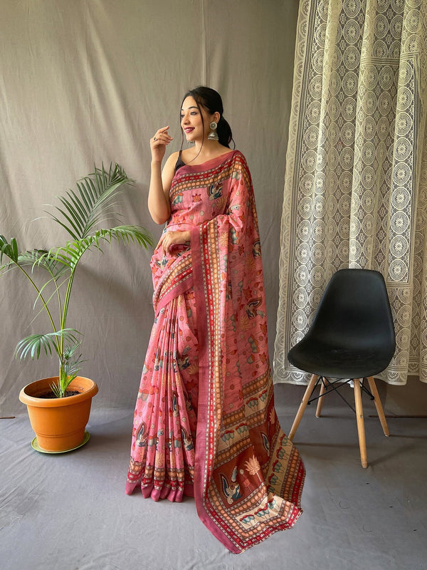 Presenting Pink Color Color Pure Cotton Lilen With Digital Printed Designer Saree