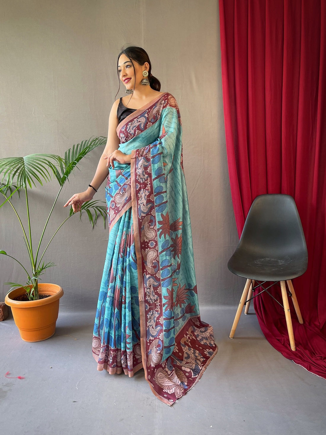 Wonderful Sky Blue Color Color Pure Cotton Lilen With Digital Printed Designer Saree