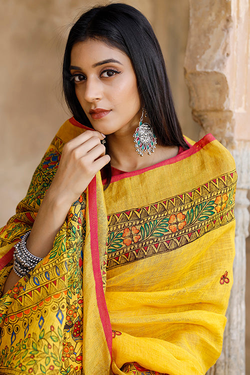 Admiring Yellow Color Color Pure Cotton Lilen With Digital Printed Designer Saree