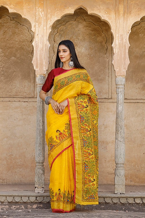 Admiring Yellow Color Color Pure Cotton Lilen With Digital Printed Designer Saree