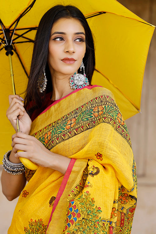 Admiring Yellow Color Color Pure Cotton Lilen With Digital Printed Designer Saree