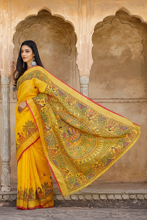 Admiring Yellow Color Color Pure Cotton Lilen With Digital Printed Designer Saree