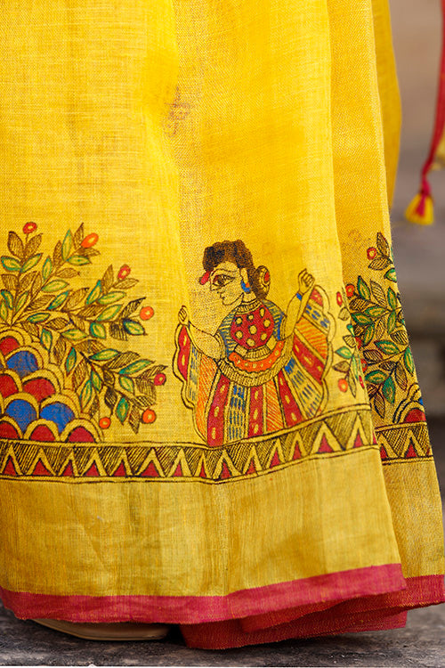 Admiring Yellow Color Color Pure Cotton Lilen With Digital Printed Designer Saree